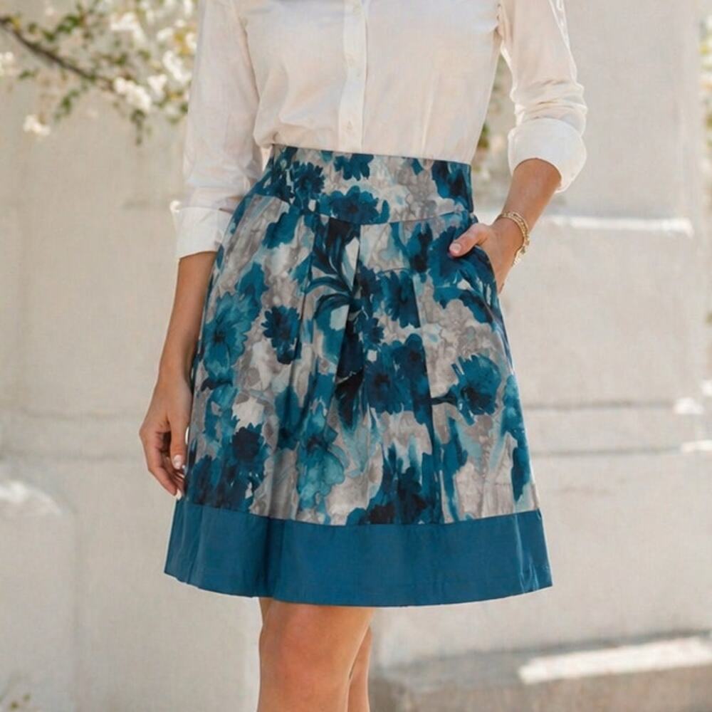 Ann Taylor Floral Teal and Silver Skirt 6 Petite